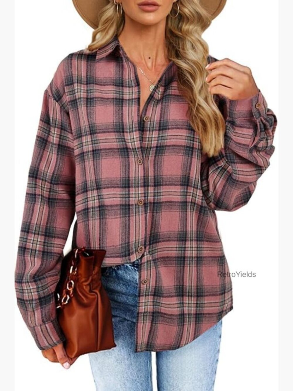 Women's Long Sleeve Plaid Button Down Shacket Blouse - Picture 1 of 7